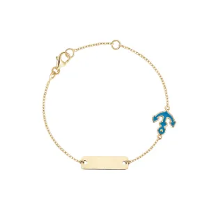 14K Yellow Gold Kids Boys Girls ID Bracelet Anchor Charm with Blue Enamel Italy