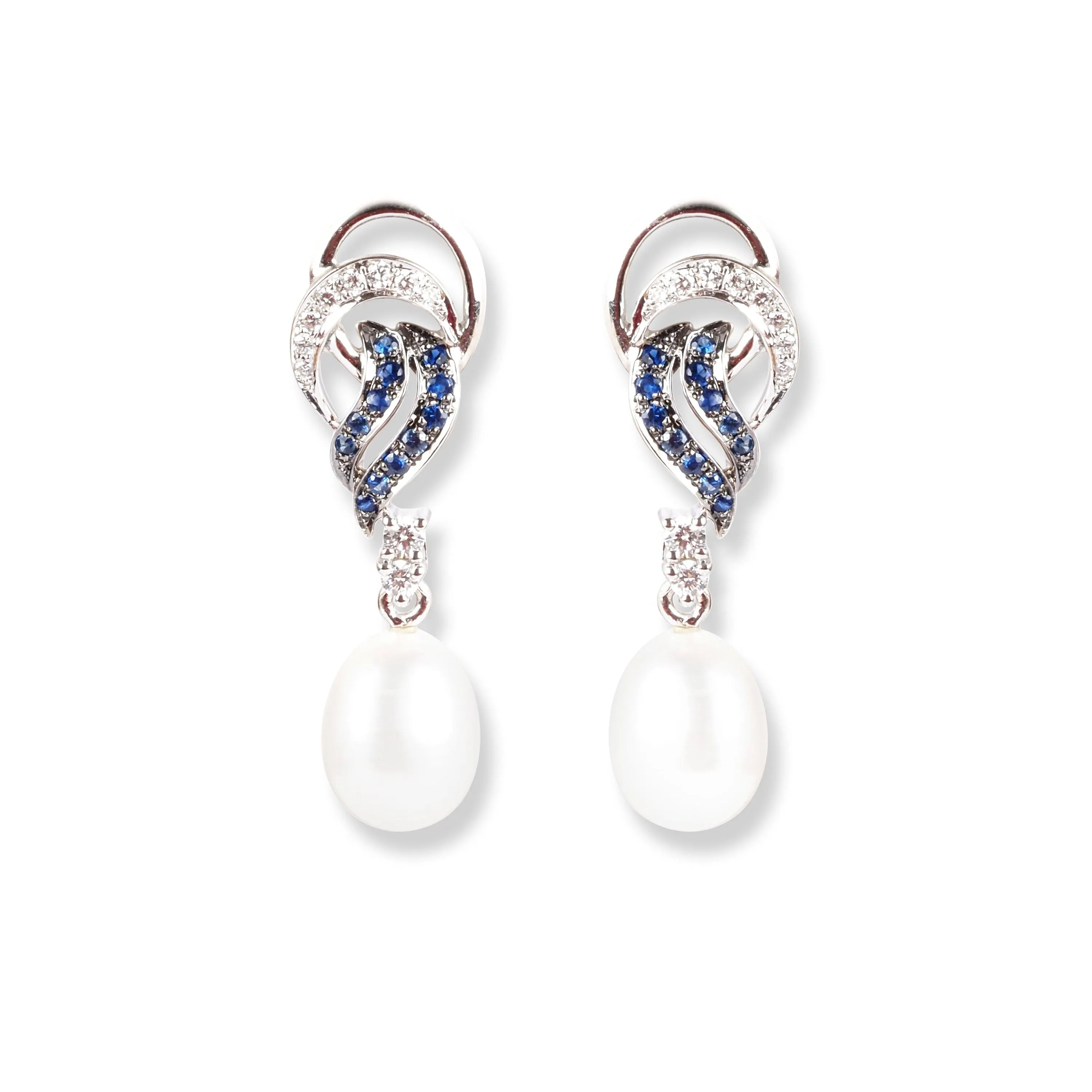 18ct White Gold Diamond , Blue Sapphire & Cultured Pearl Drop Set MCS6059/60