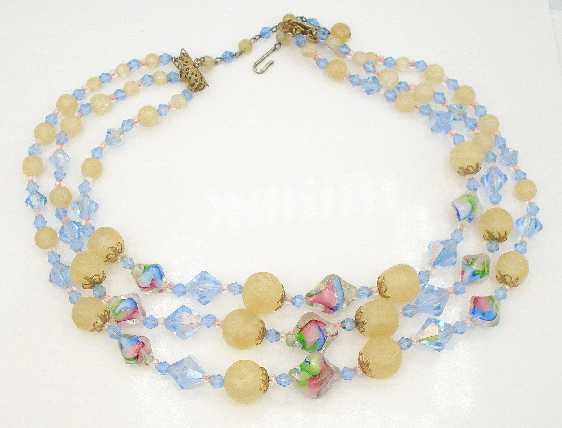 3 Strand Graduated Necklace Iris Light Sapphire Glass Beads 18"