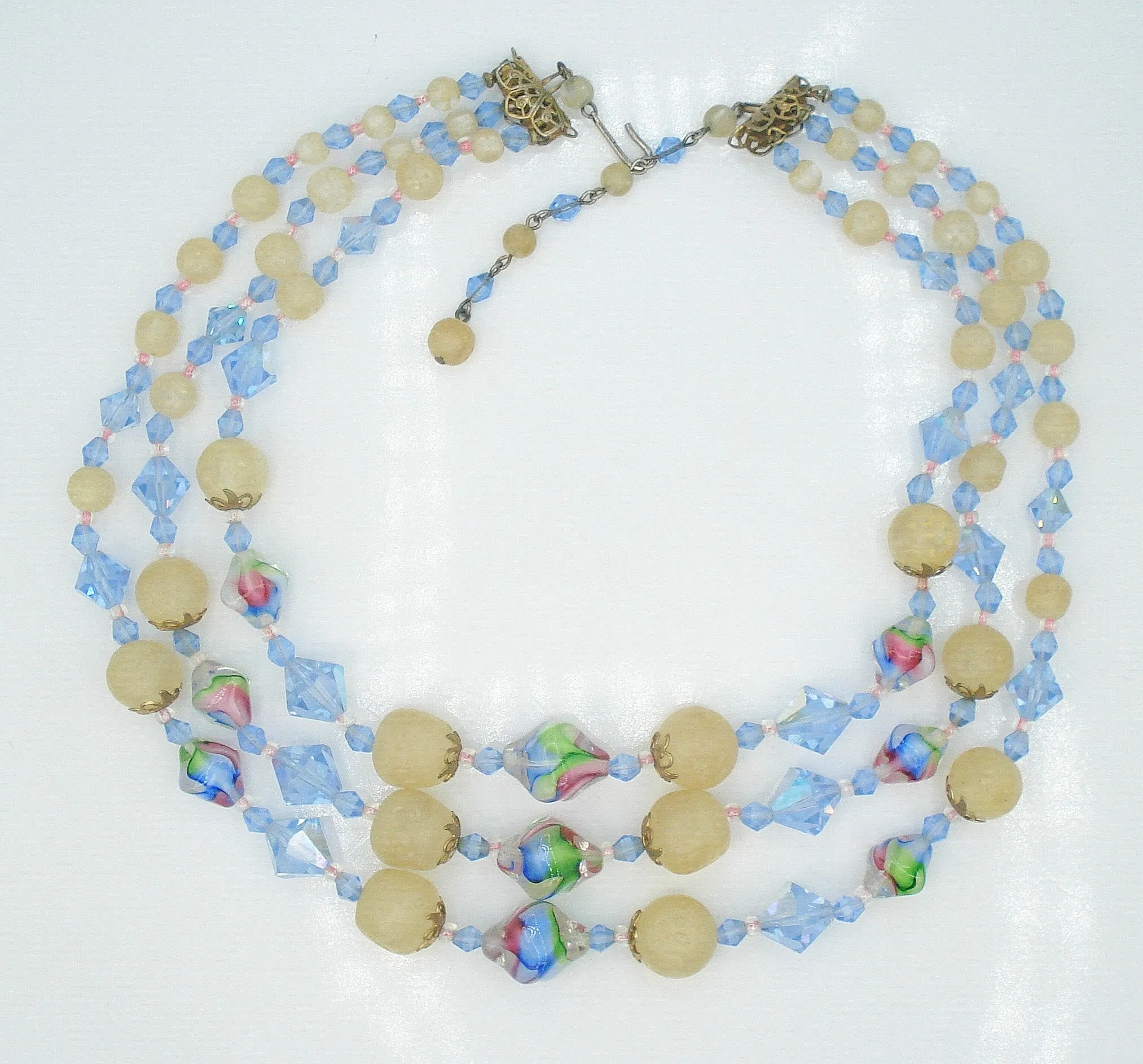 3 Strand Graduated Necklace Iris Light Sapphire Glass Beads 18"