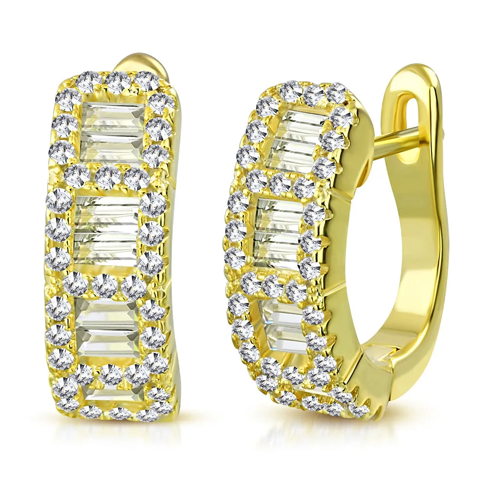 925 Sterling Silver Baguette Round CZ Hoop Huggie Earrings