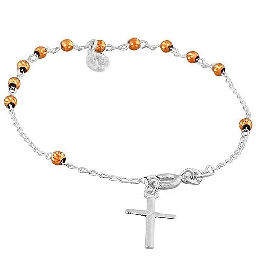 925 Sterling Silver Rose Gold-Tone Religious Latin Cross Virgin Mary Christian Chain Bracelet