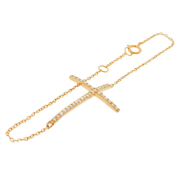 925 Sterling Silver Rose Gold-Tone Sideways Cross White CZ Necklace Bracelet Set
