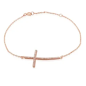925 Sterling Silver Rose Gold-Tone Sideways White CZ Cross Link Chain Bracelet