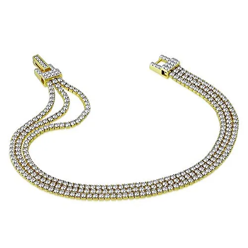 925 Sterling Silver Yellow Gold-Tone Clear CZ Triple Strand Tennis Bracelet