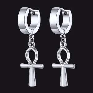 Ankh Cross Dangle Hoop Earrings for Men