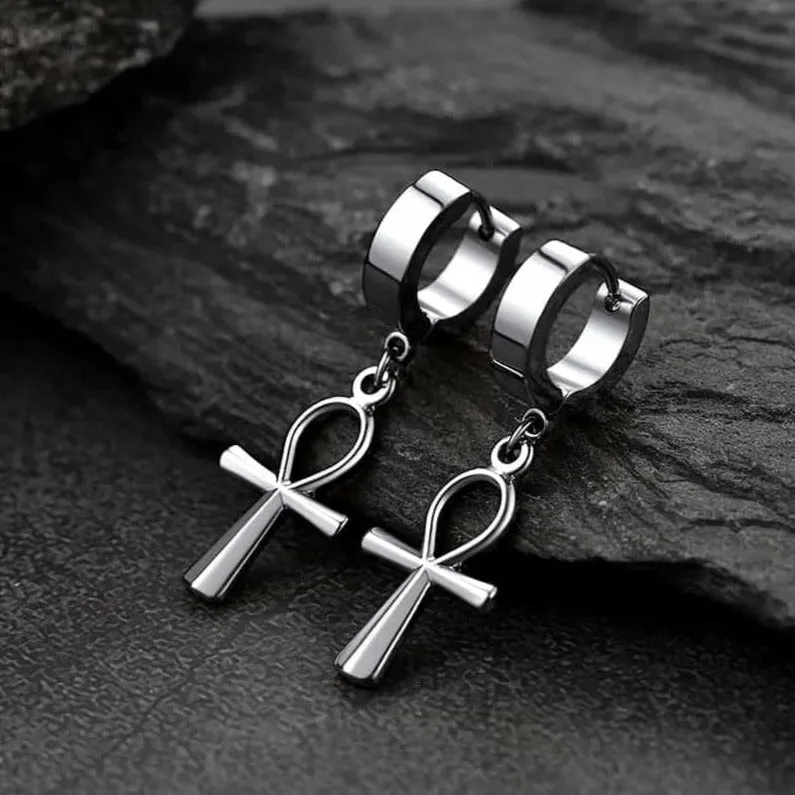 Ankh Cross Dangle Hoop Earrings for Men