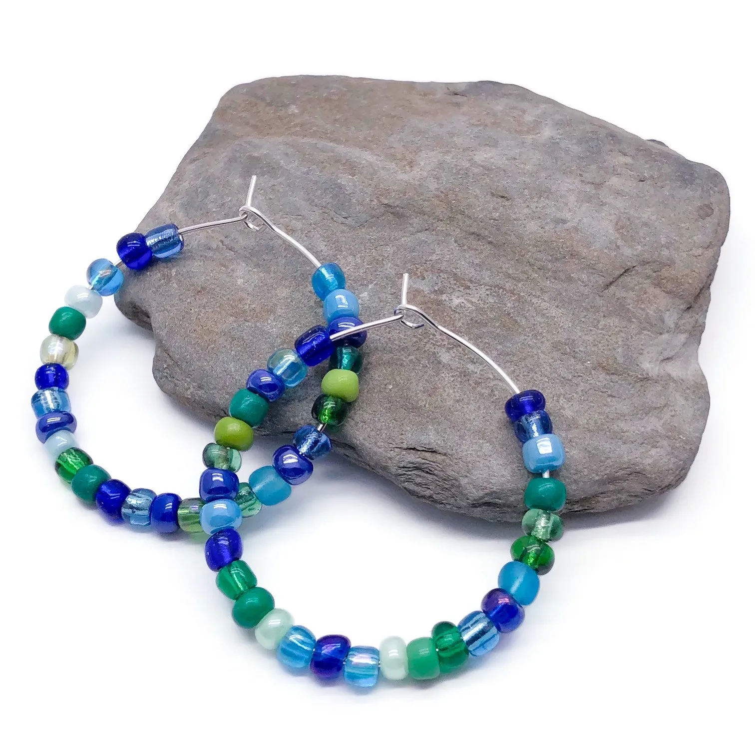 Blue and Green Seed Beads Hoops 35mm