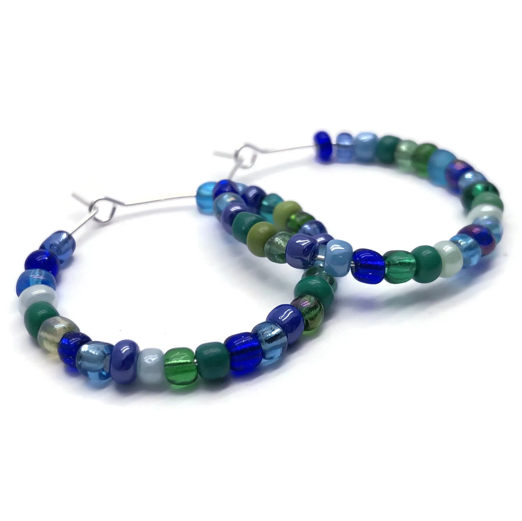 Blue and Green Seed Beads Hoops 35mm