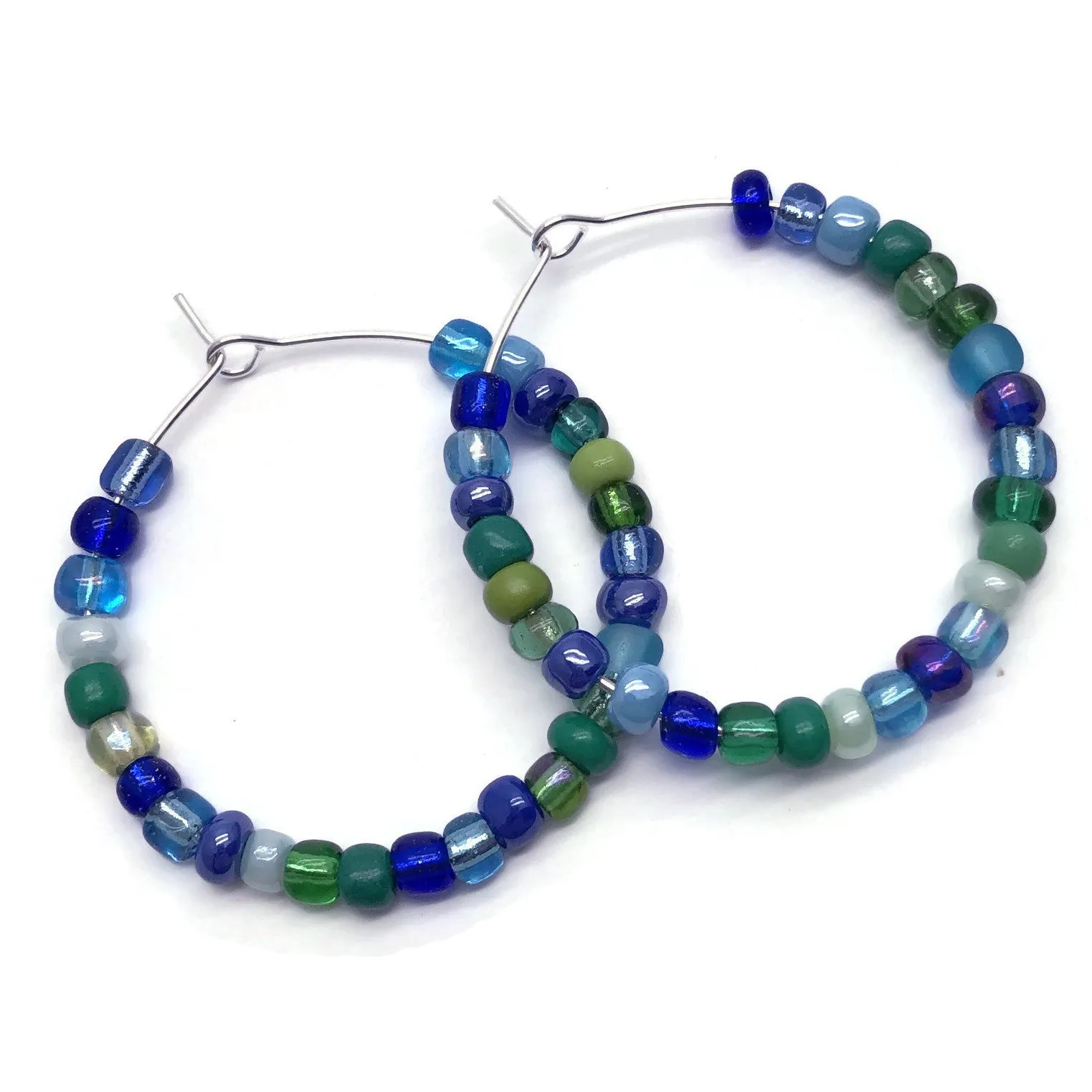 Blue and Green Seed Beads Hoops 35mm
