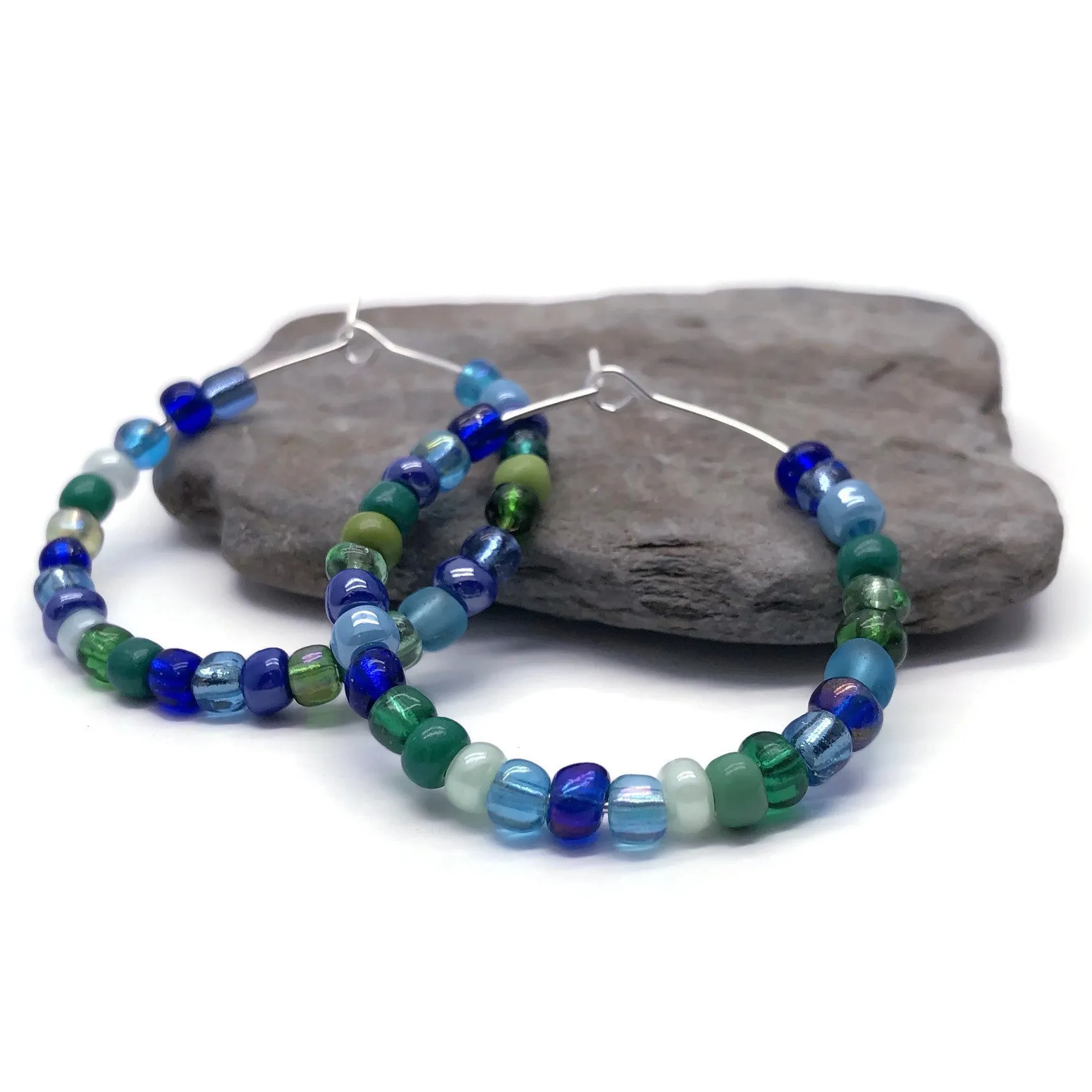 Blue and Green Seed Beads Hoops 35mm