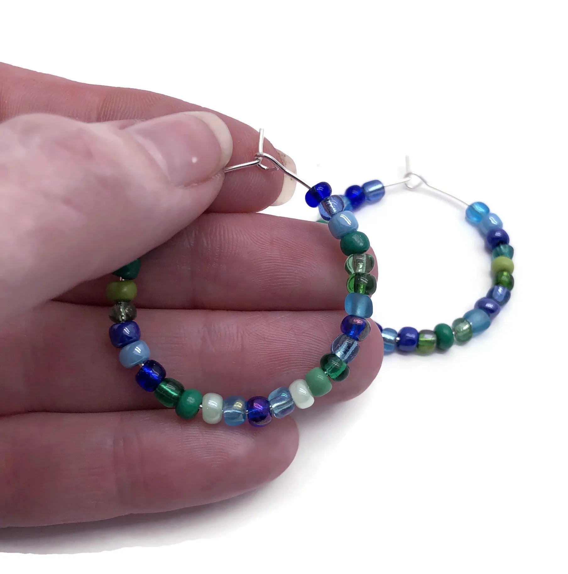 Blue and Green Seed Beads Hoops 35mm