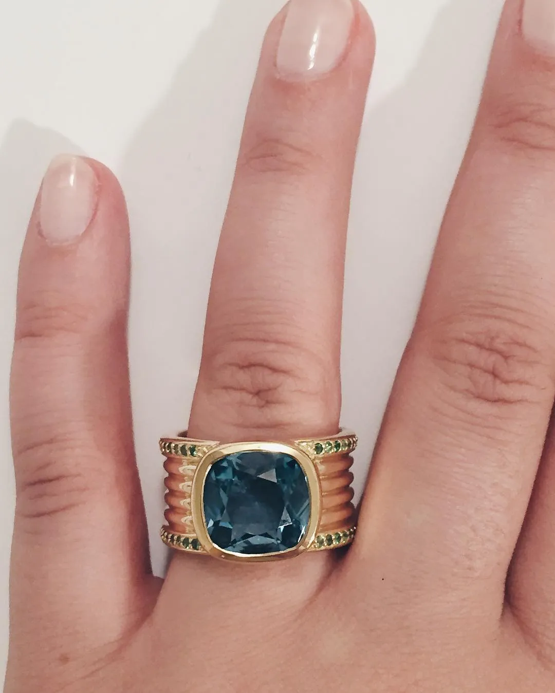 Blue Topaz Green Garnet Gold Cigar Band Ring
