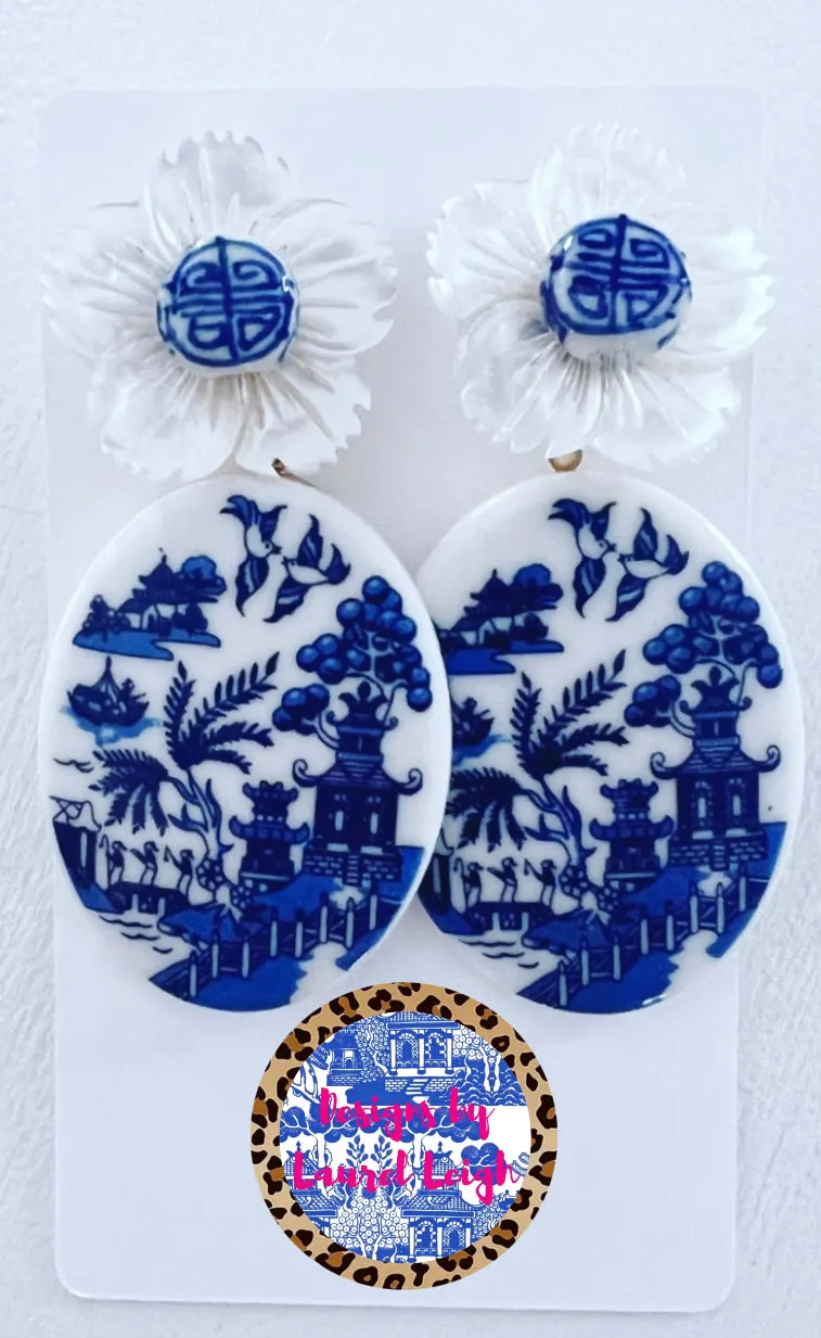 Blue Willow Pearl Chinoiserie Flower Earrings