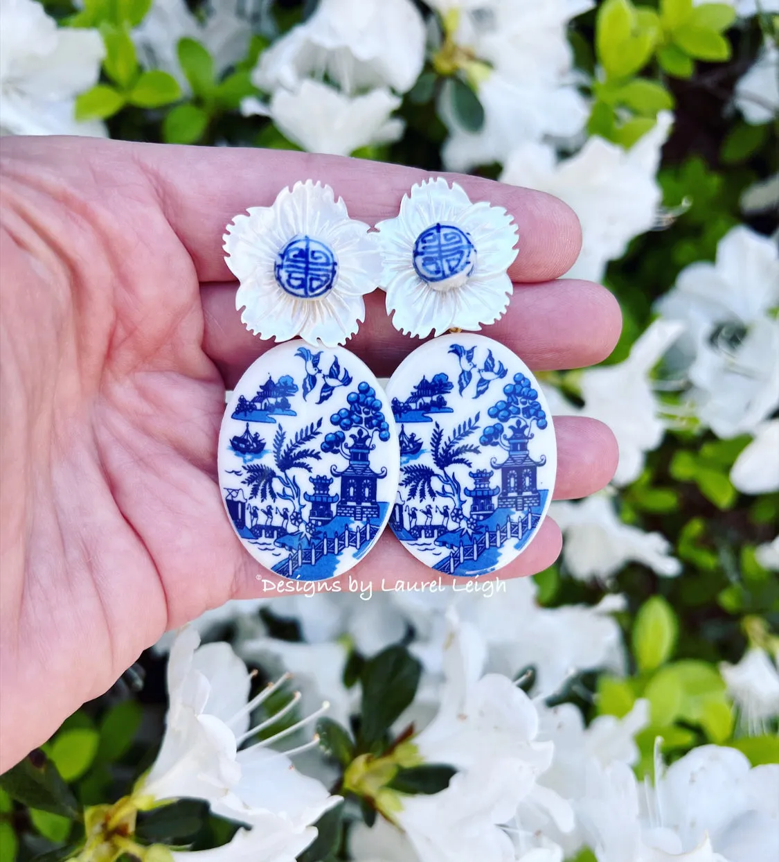 Blue Willow Pearl Chinoiserie Flower Earrings