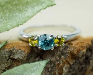 Blue Zircon and Sphene Ring, Genuine Zircon and Sphene