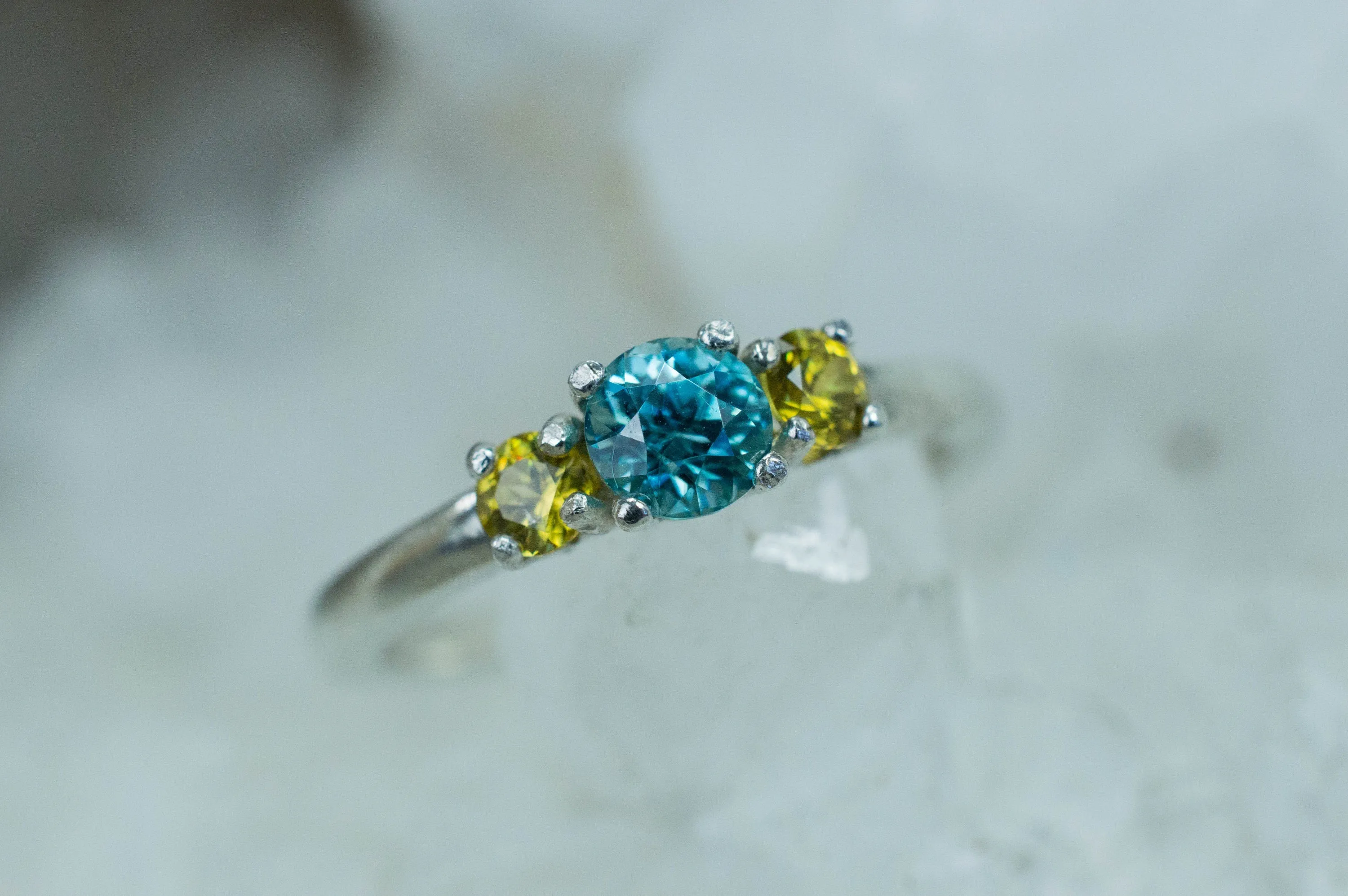Blue Zircon and Sphene Ring, Genuine Zircon and Sphene