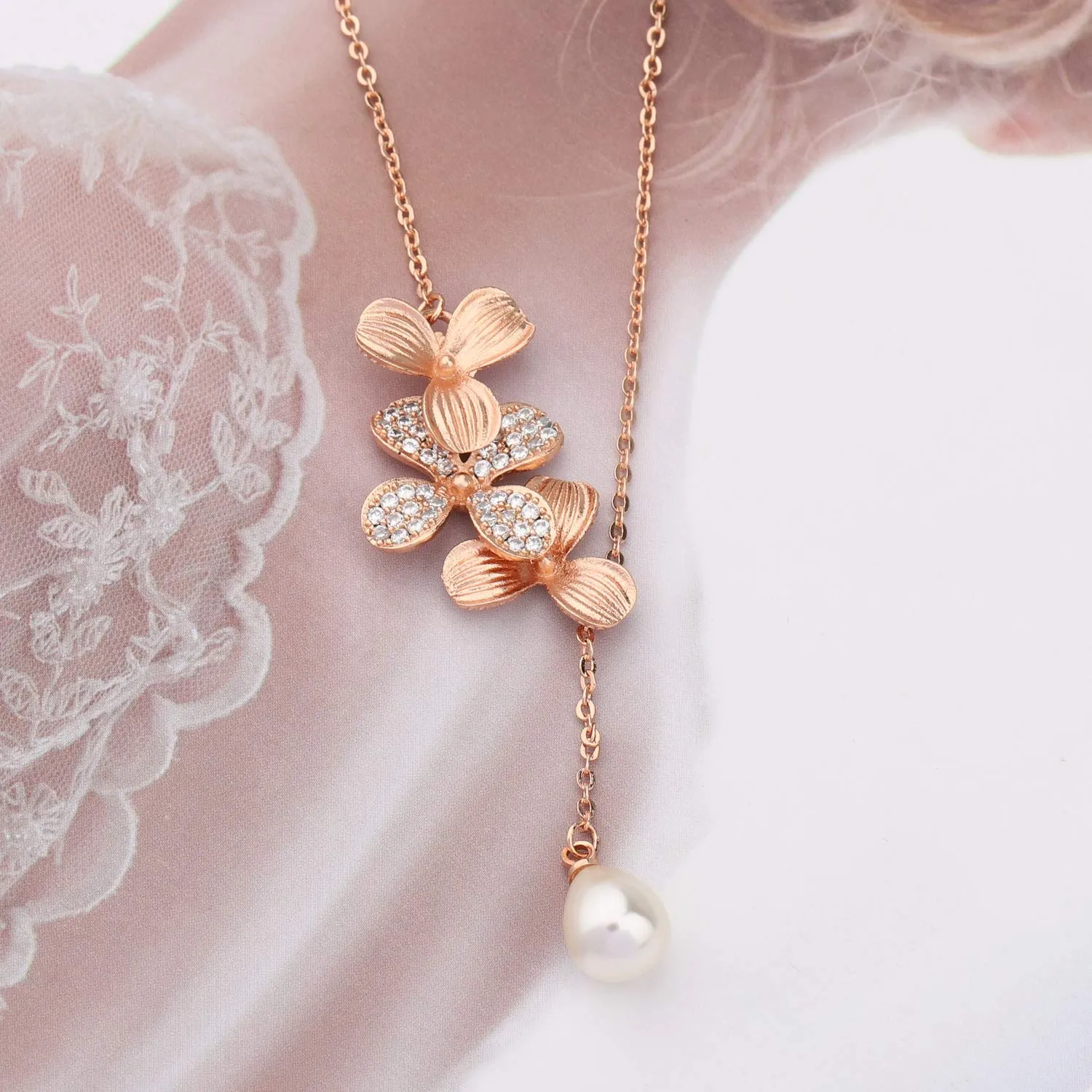 BNQL Orchid Flower Necklace Bracelet with Teardrop Pearl Wedding Jewelry Bridesmaids Gifts Rose gold