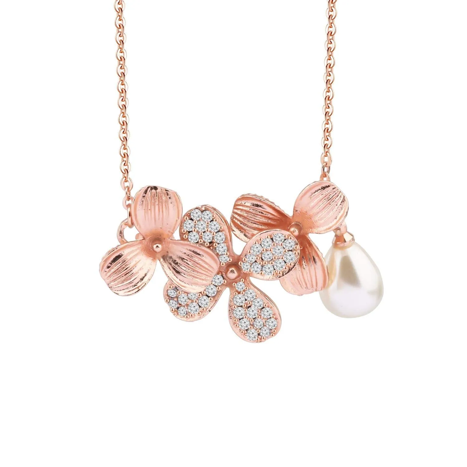 BNQL Orchid Flower Necklace Bracelet with Teardrop Pearl Wedding Jewelry Bridesmaids Gifts Rose gold