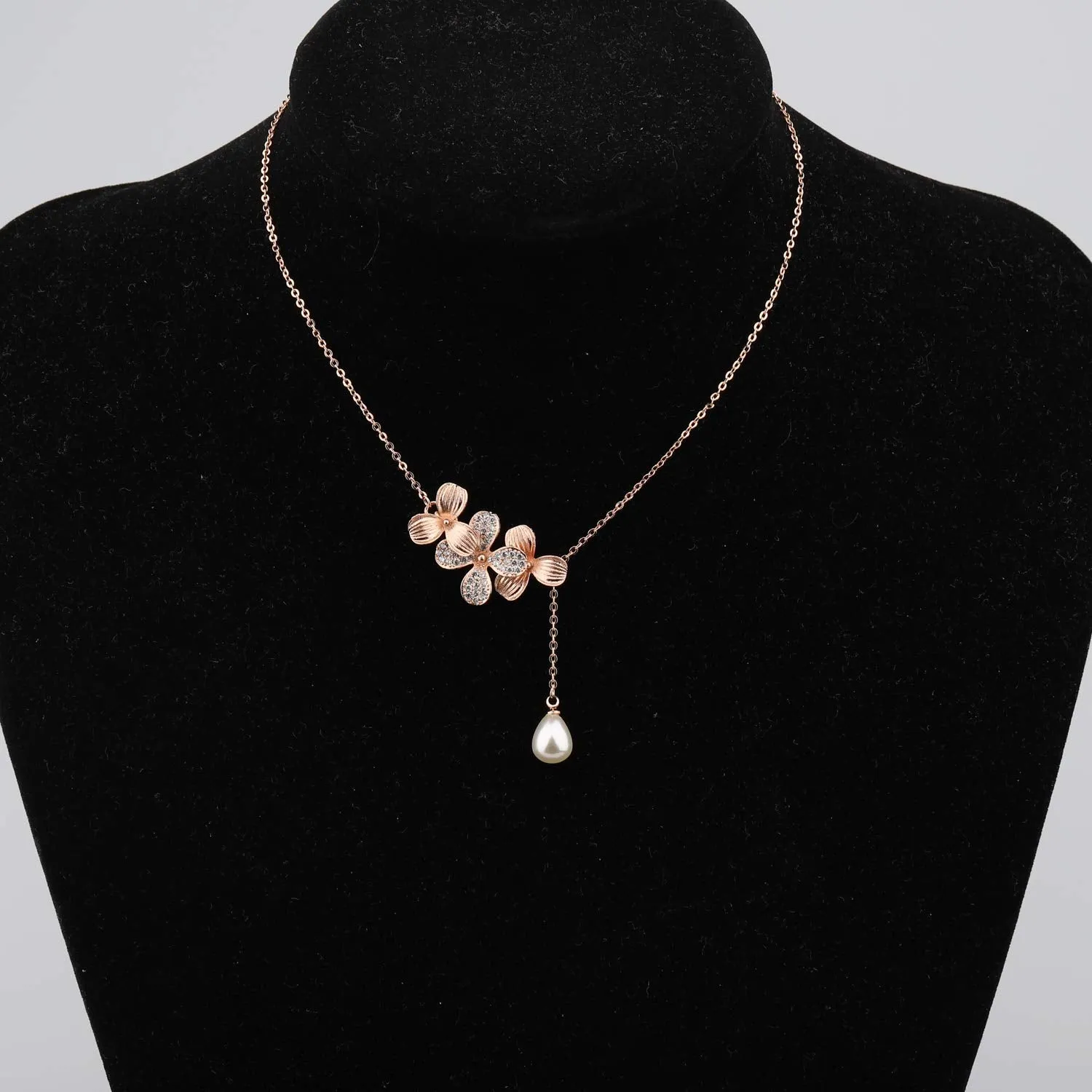 BNQL Orchid Flower Necklace Bracelet with Teardrop Pearl Wedding Jewelry Bridesmaids Gifts Rose gold