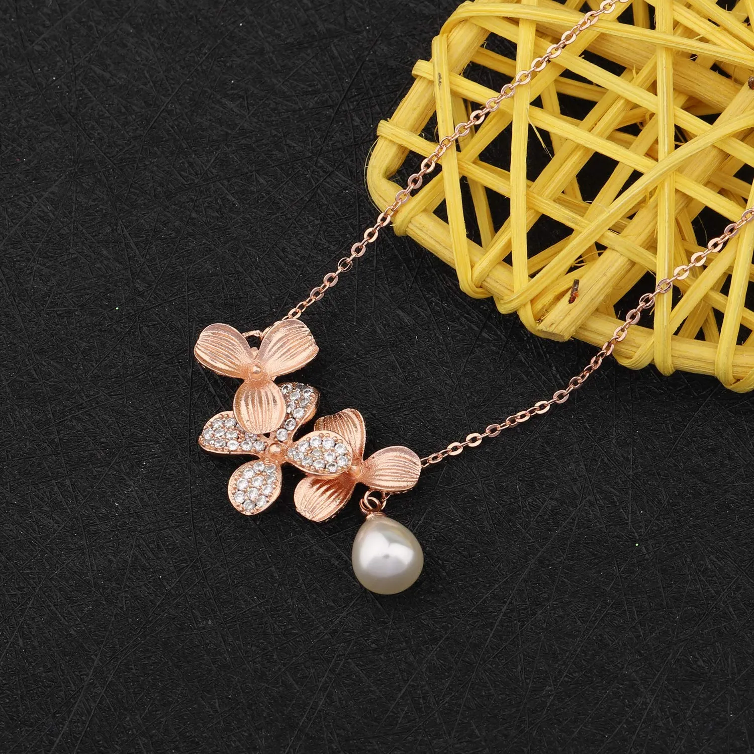 BNQL Orchid Flower Necklace Bracelet with Teardrop Pearl Wedding Jewelry Bridesmaids Gifts Rose gold