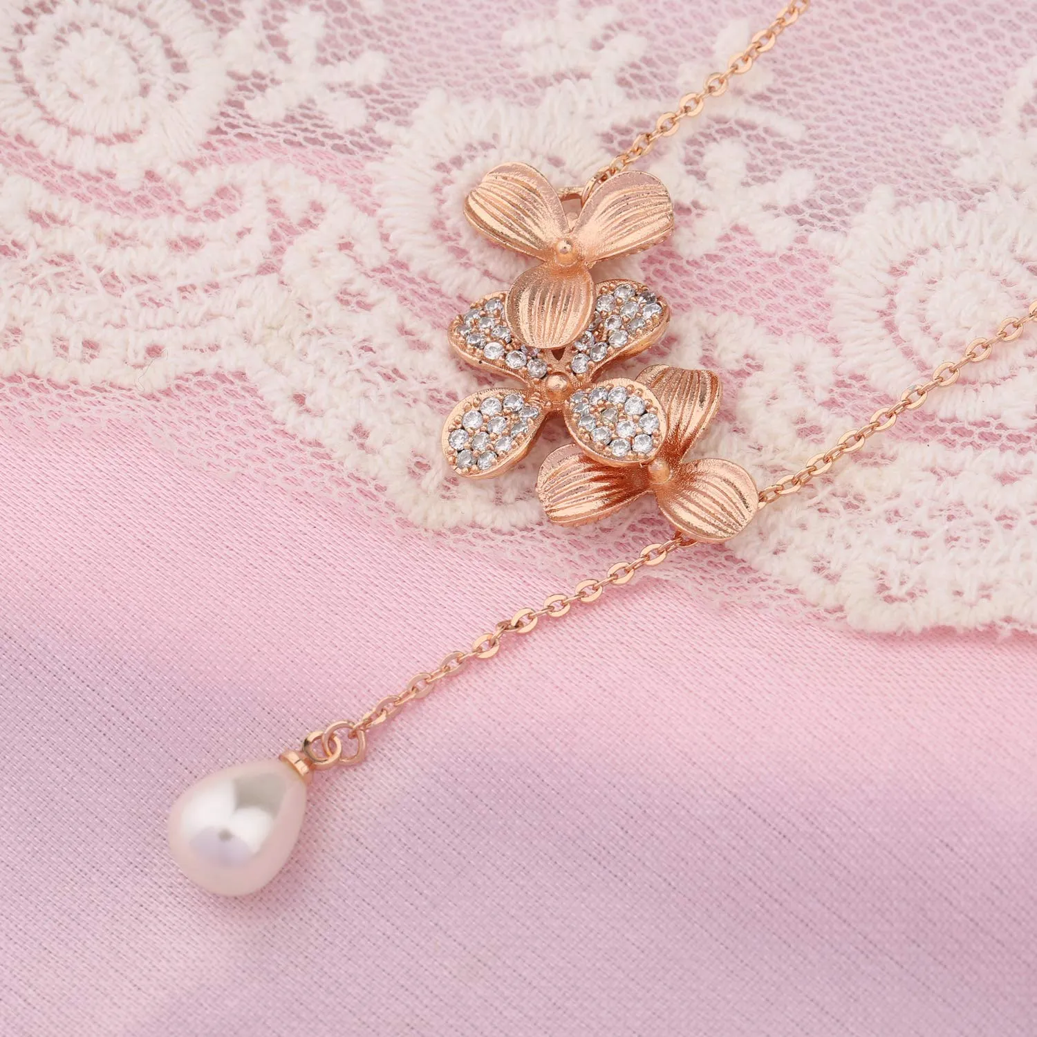 BNQL Orchid Flower Necklace Bracelet with Teardrop Pearl Wedding Jewelry Bridesmaids Gifts Rose gold