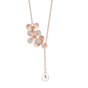 BNQL Orchid Flower Necklace Bracelet with Teardrop Pearl Wedding Jewelry Bridesmaids Gifts Rose gold