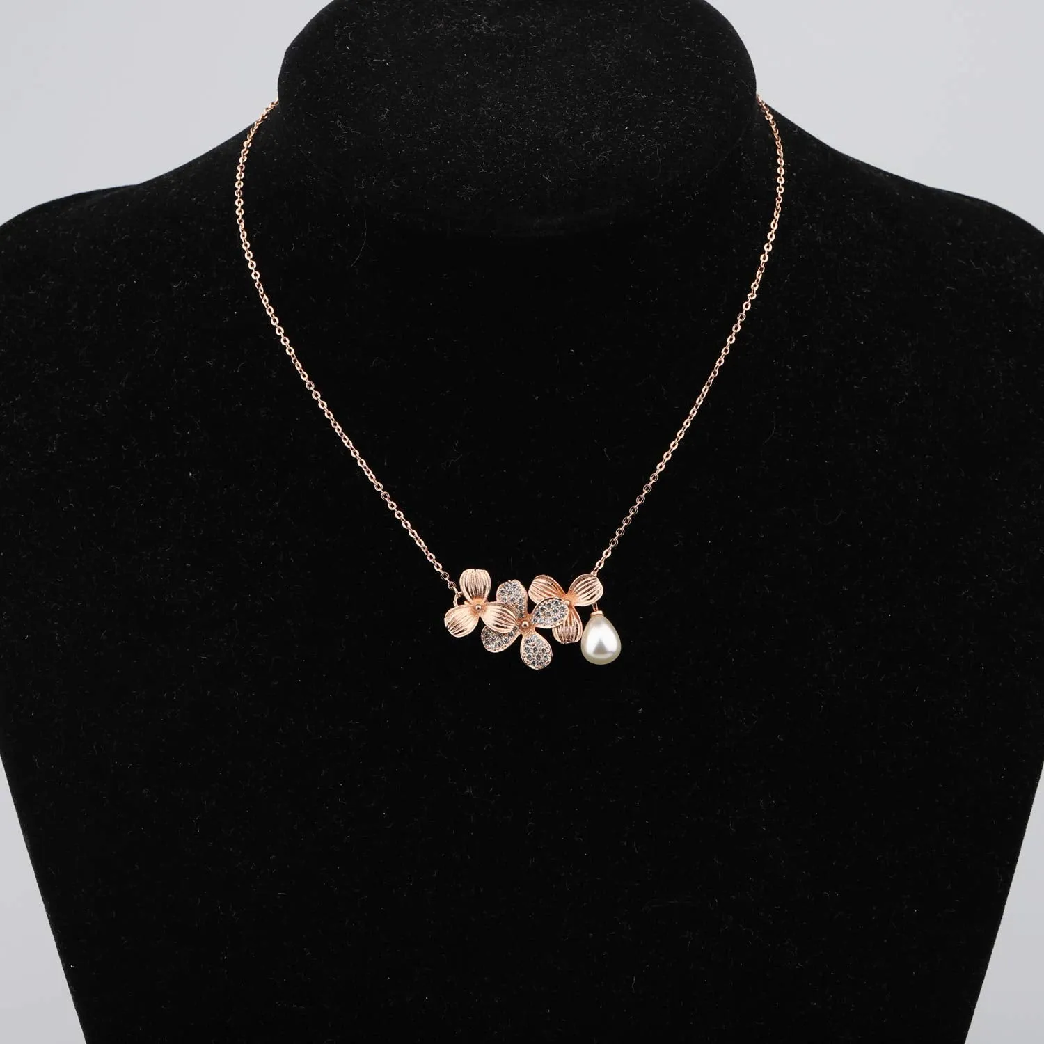 BNQL Orchid Flower Necklace Bracelet with Teardrop Pearl Wedding Jewelry Bridesmaids Gifts Rose gold