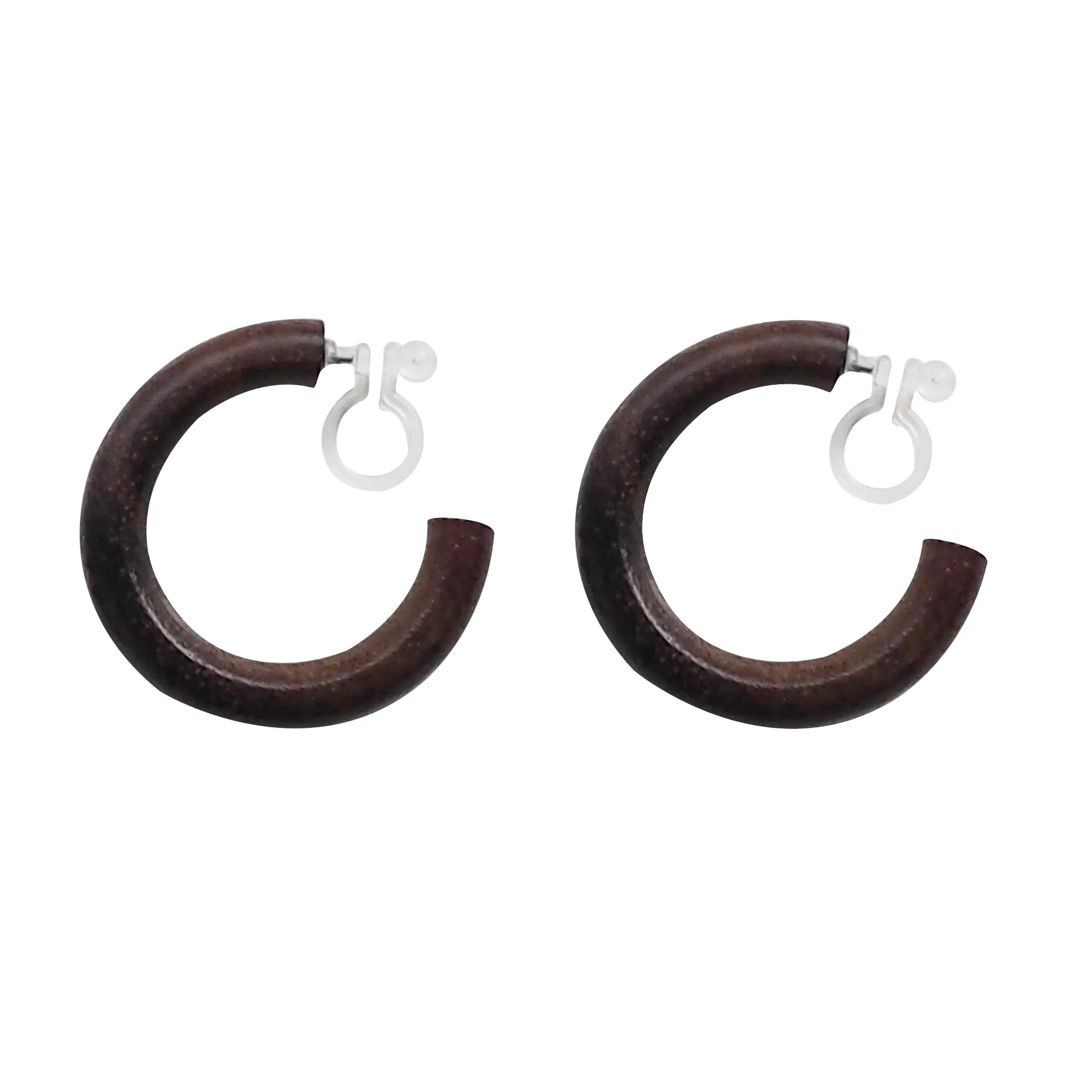 Brown Wood Invisible Clip On Hoop Earrings