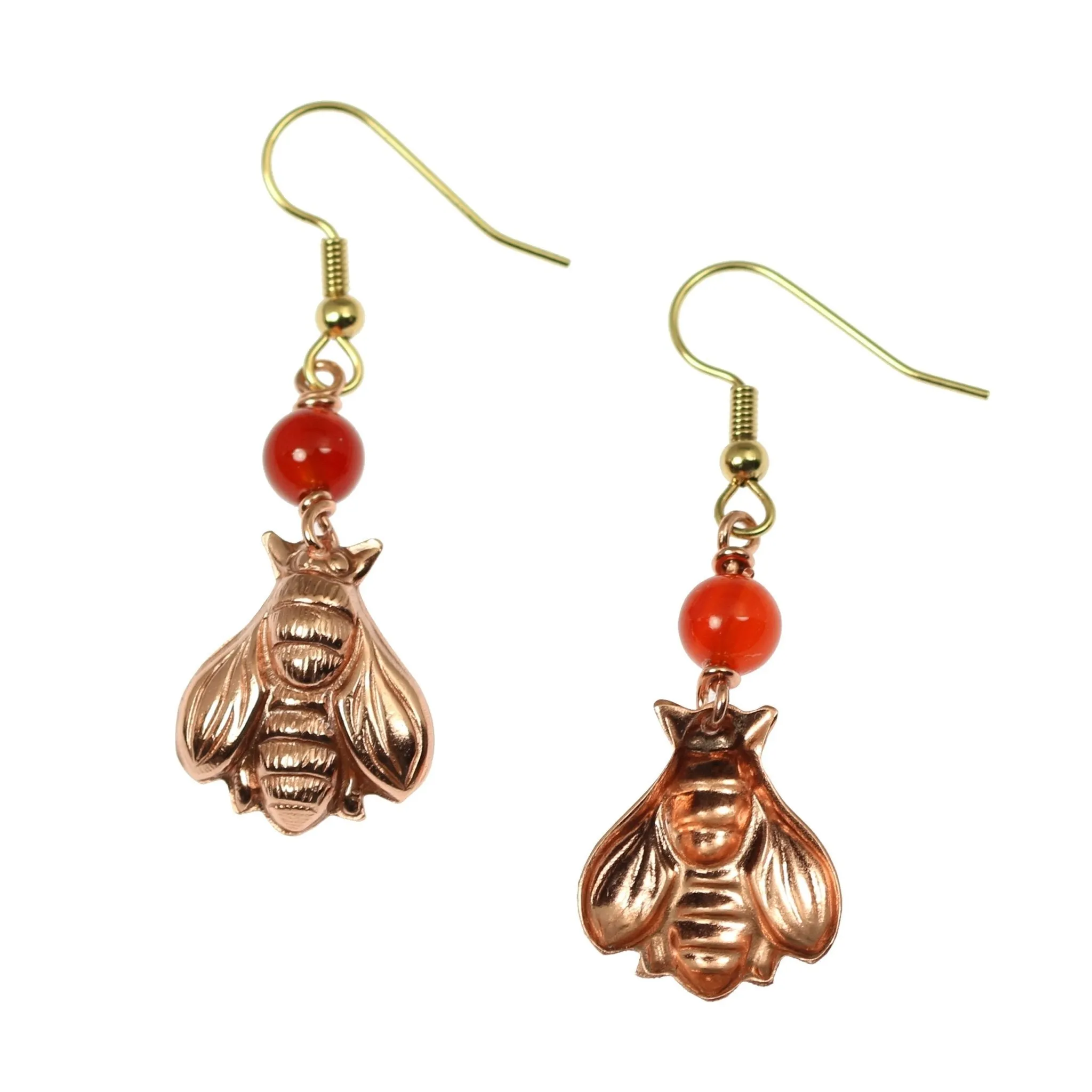 Copper Honey Bee Drop Earrings with Carnelian