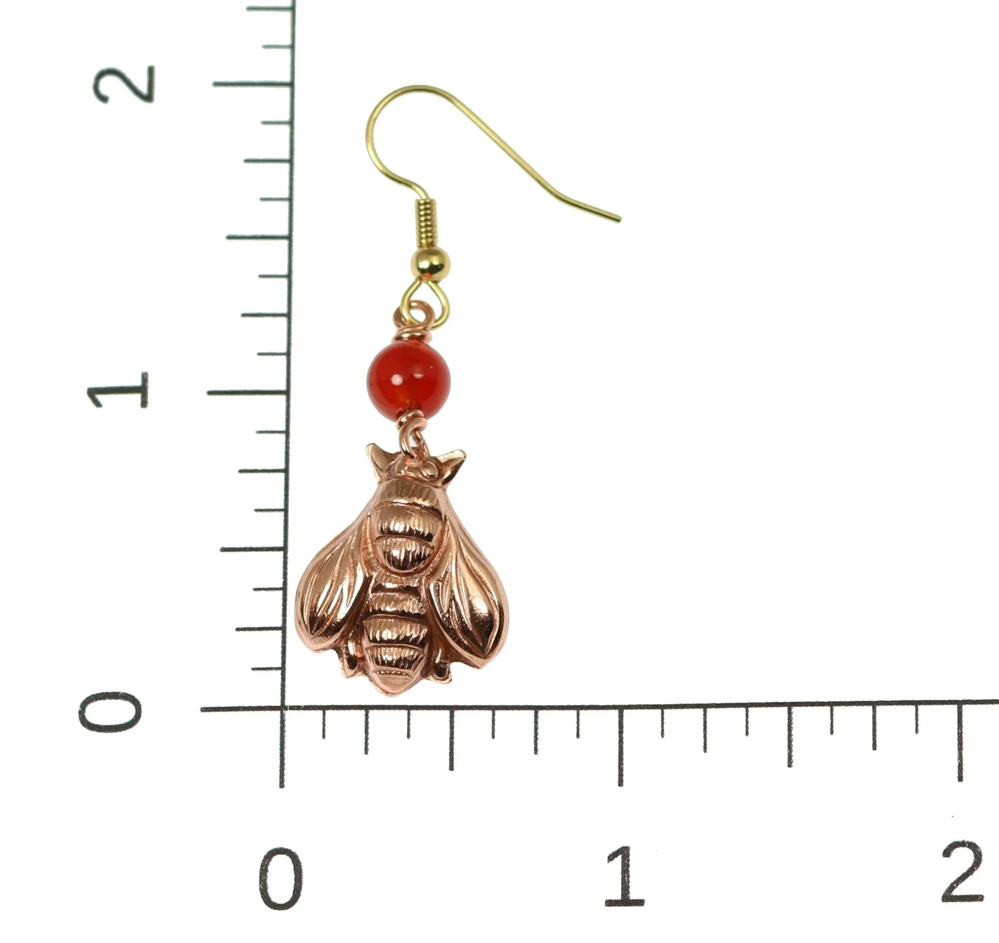 Copper Honey Bee Drop Earrings with Carnelian