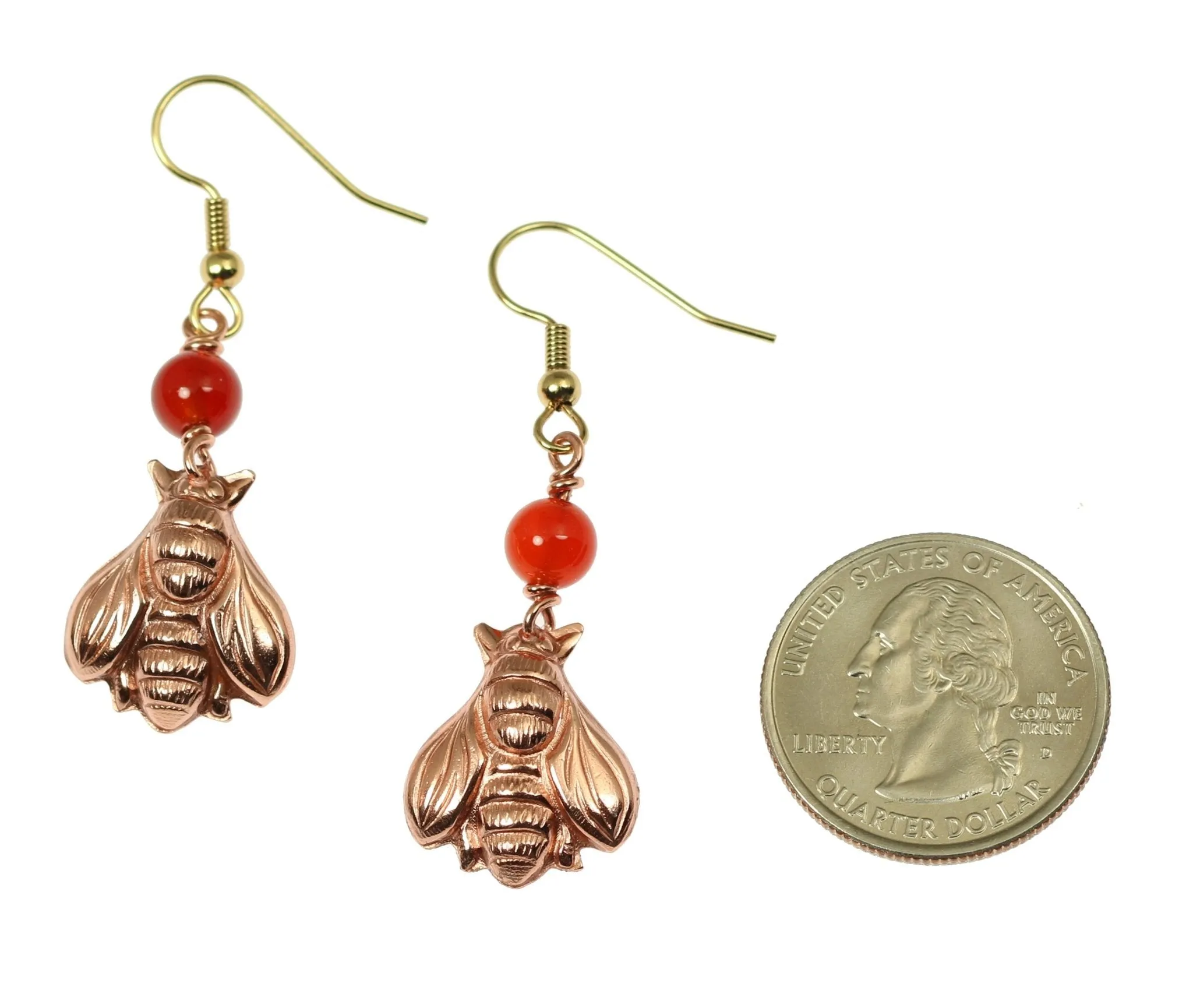 Copper Honey Bee Drop Earrings with Carnelian