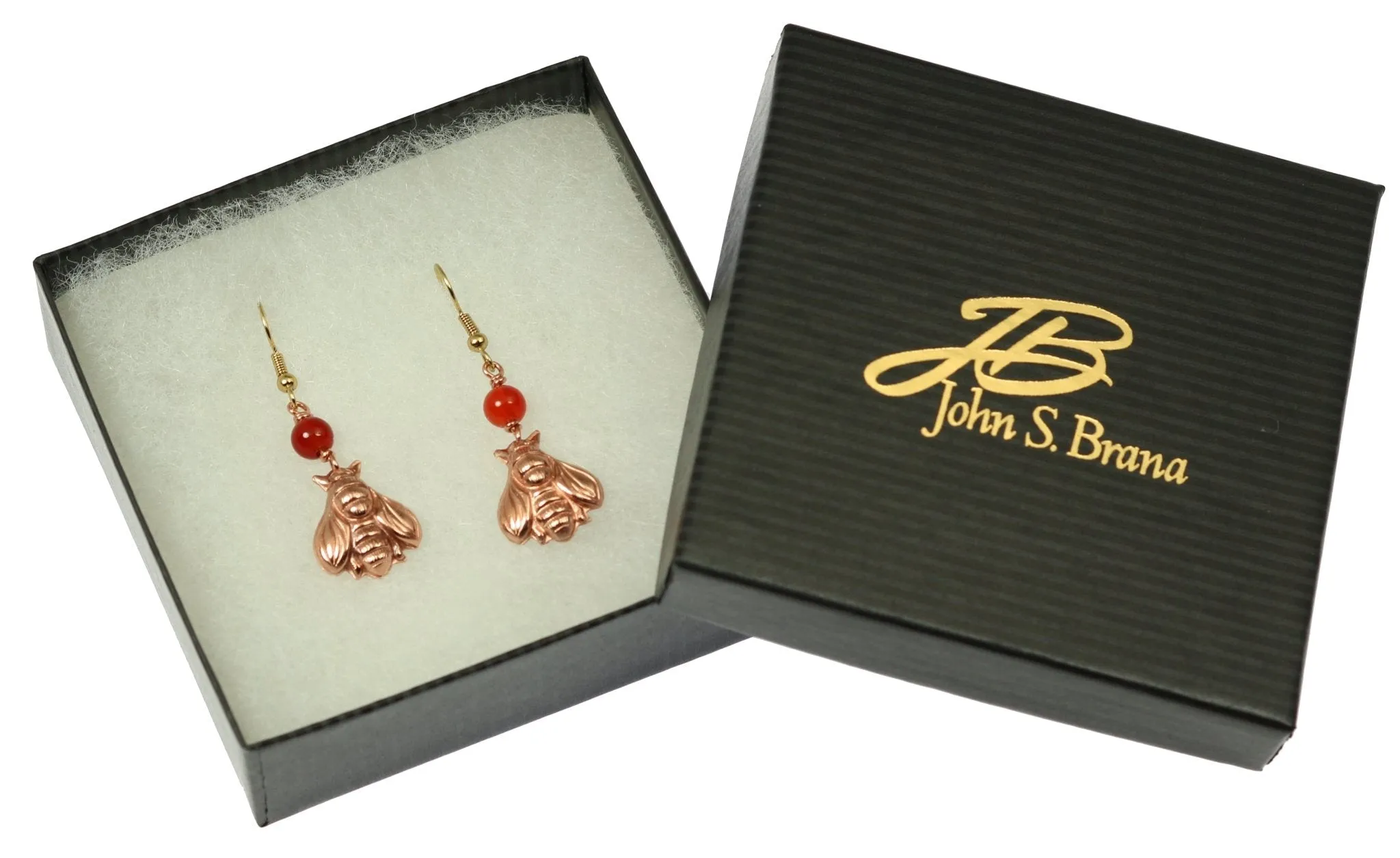 Copper Honey Bee Drop Earrings with Carnelian