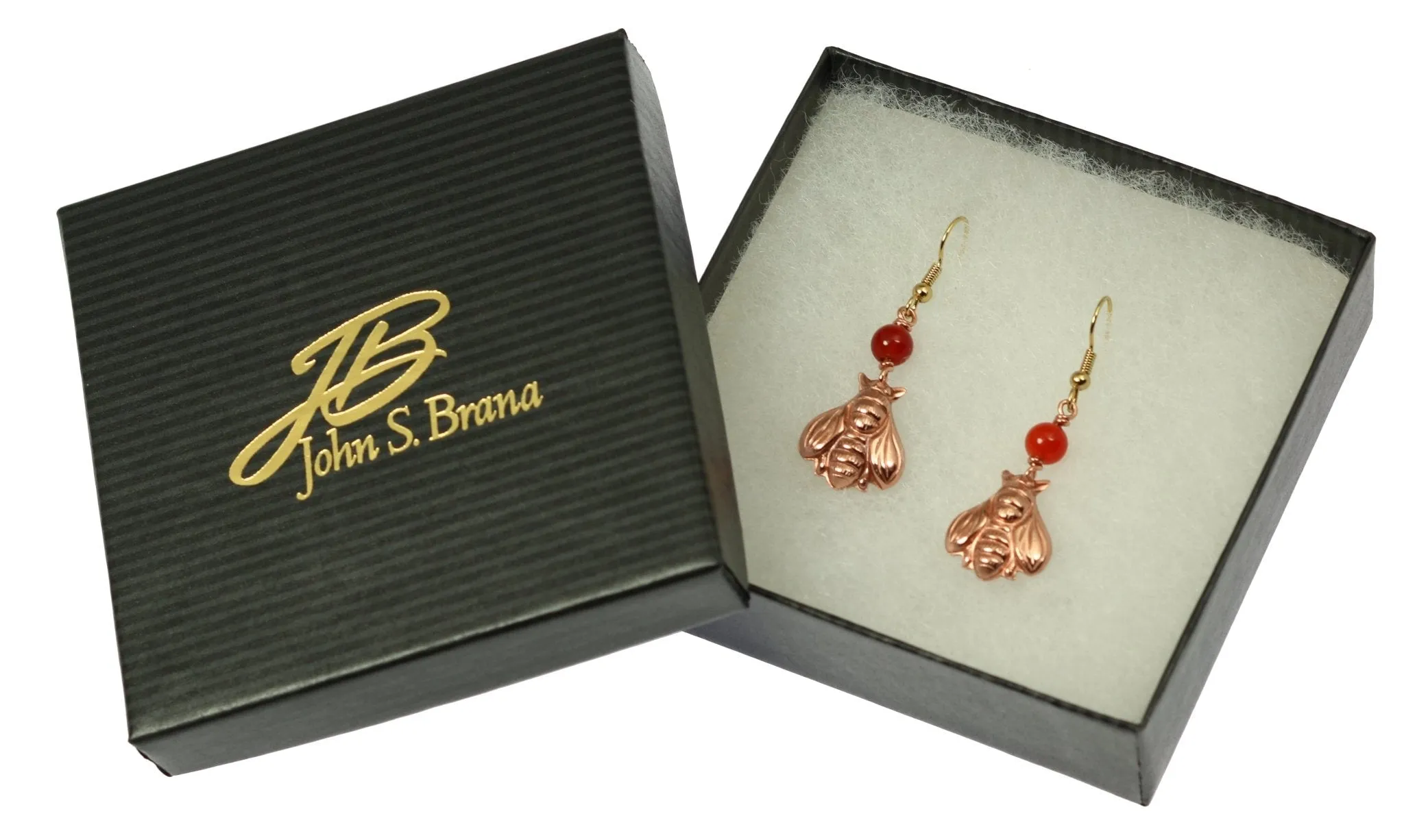 Copper Honey Bee Drop Earrings with Carnelian