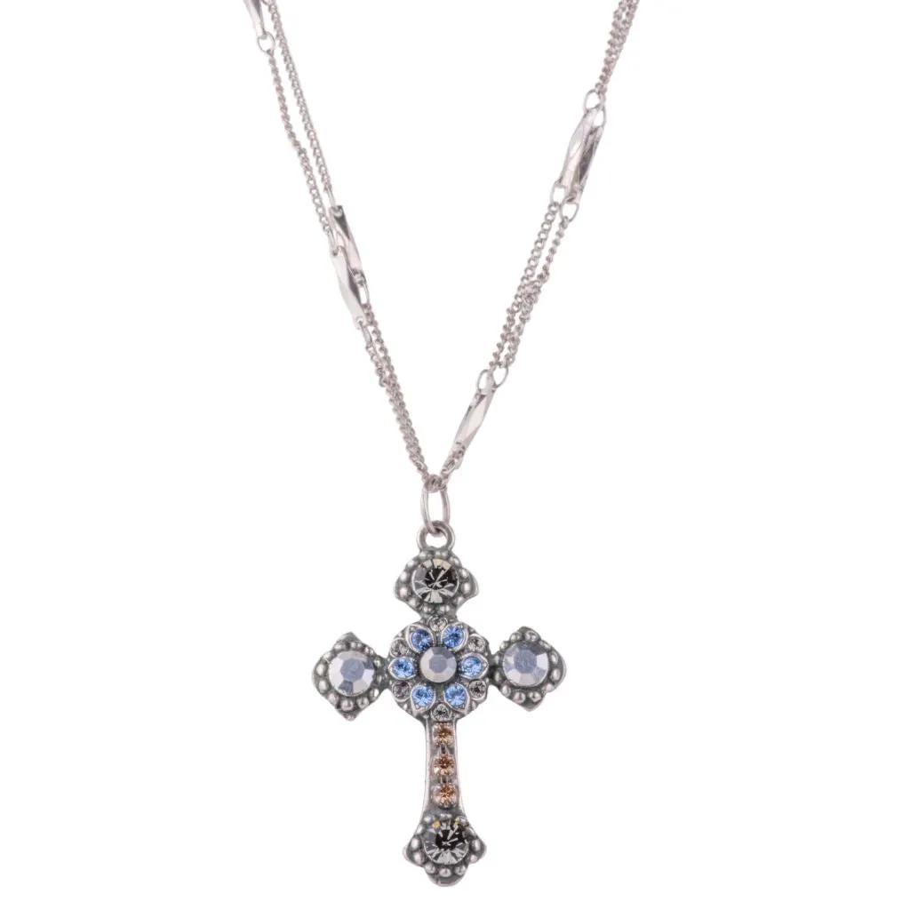 Flat Cross Pendant in "Morning Mist" - Antique Silver