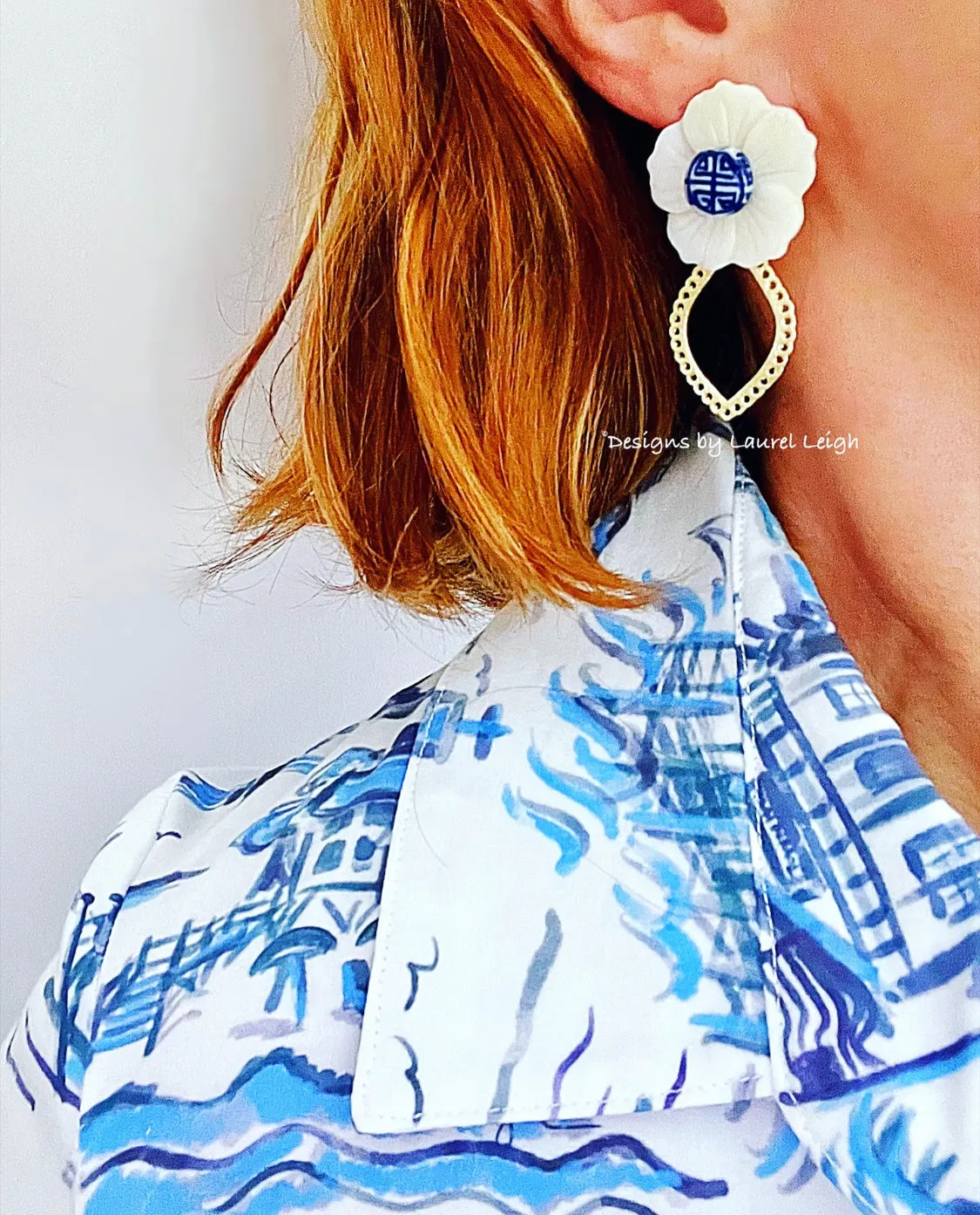 Gold Scalloped Floral Chinoiserie Earrings