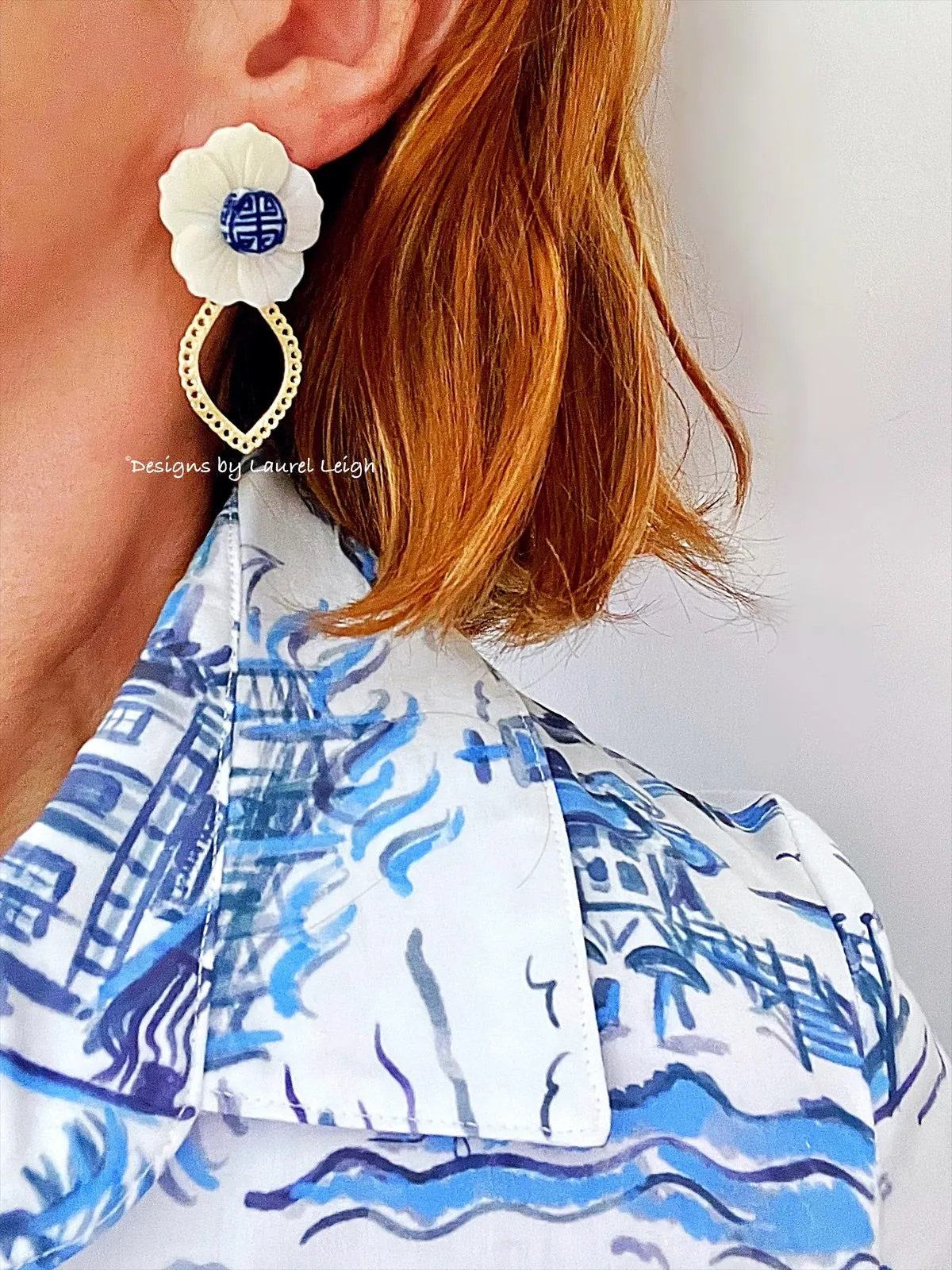 Gold Scalloped Floral Chinoiserie Earrings