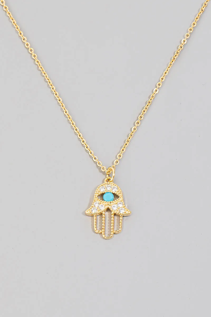 Hamsa Hand Blue Eye Rhinestone Necklace in Gold