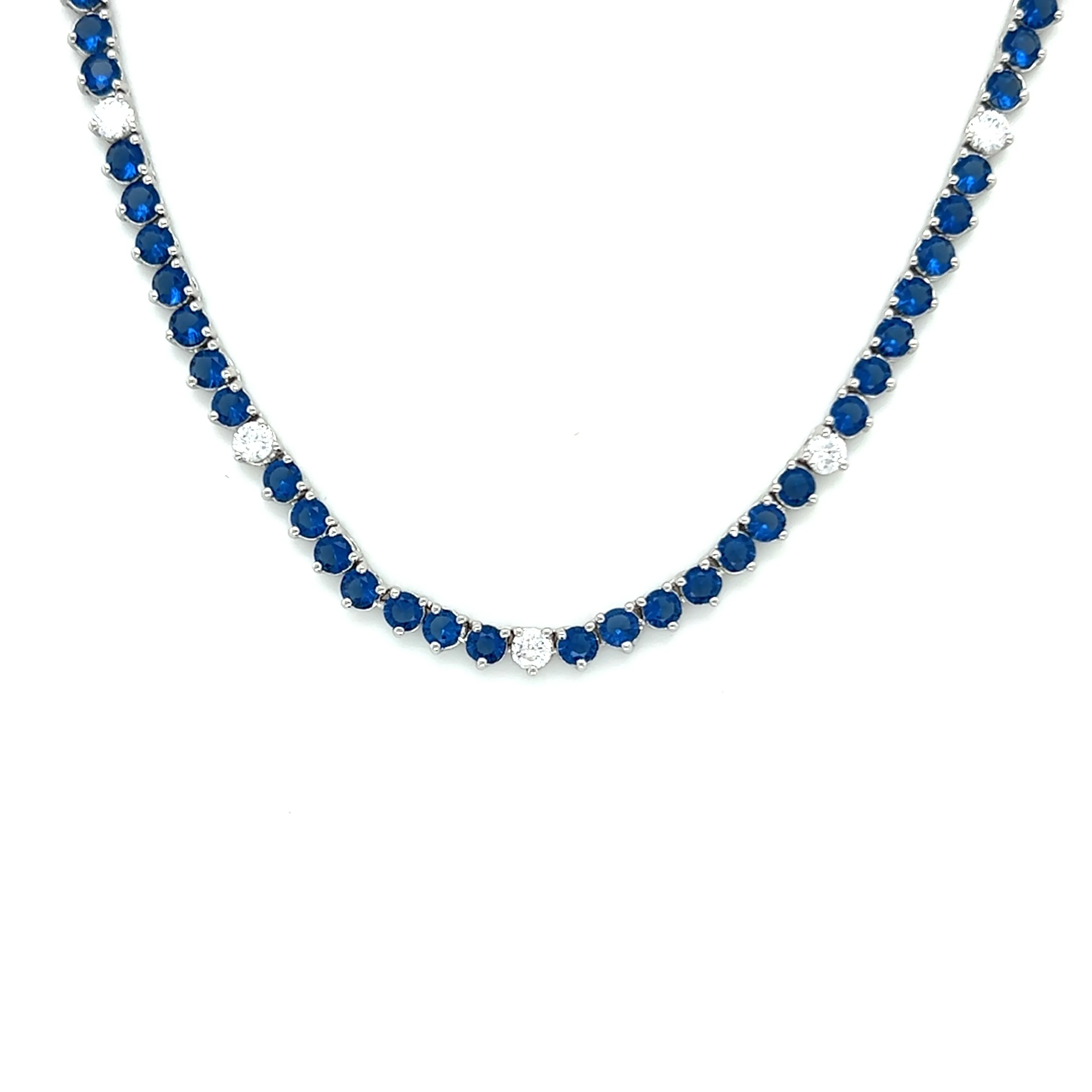Ibiza Sapphire Blue   Clear CZ’s 3 Prong Tennis Necklace