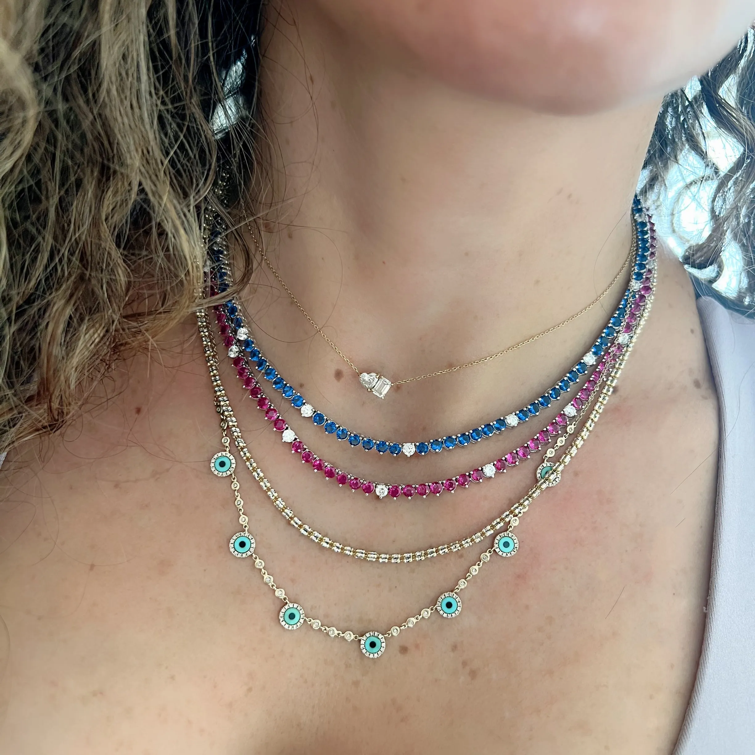 Ibiza Sapphire Blue   Clear CZ’s 3 Prong Tennis Necklace