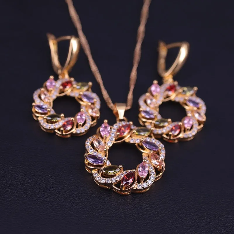Lucky Round Circle  Colorful Top Zircon Gold Color Jewelry Set