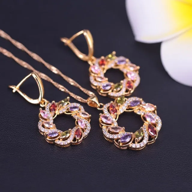 Lucky Round Circle  Colorful Top Zircon Gold Color Jewelry Set