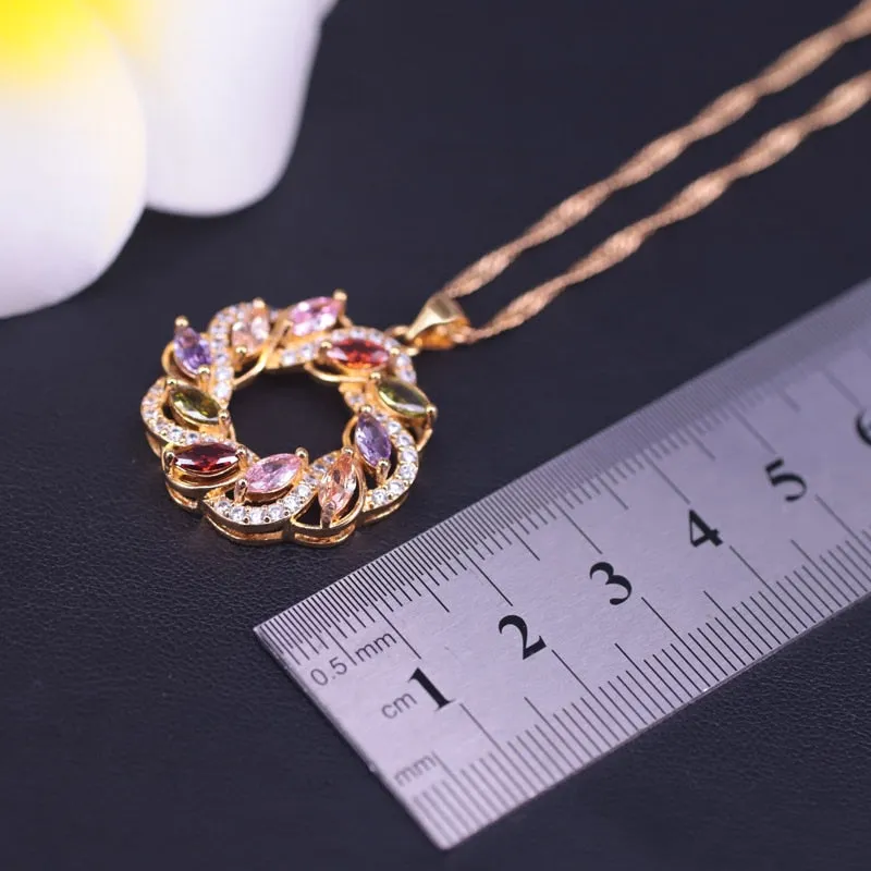 Lucky Round Circle  Colorful Top Zircon Gold Color Jewelry Set