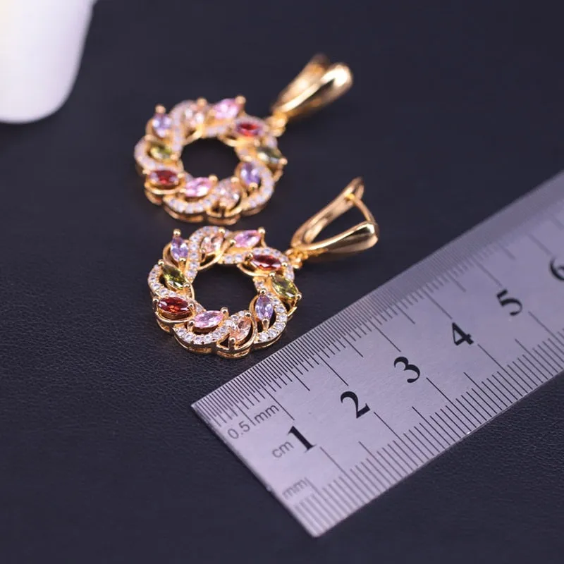 Lucky Round Circle  Colorful Top Zircon Gold Color Jewelry Set