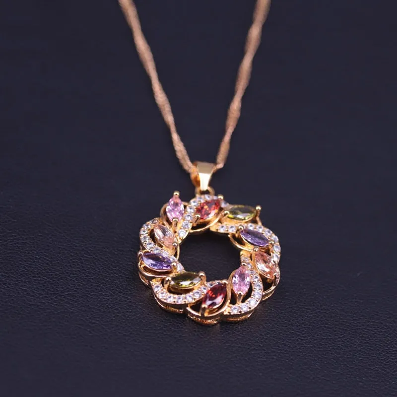 Lucky Round Circle  Colorful Top Zircon Gold Color Jewelry Set