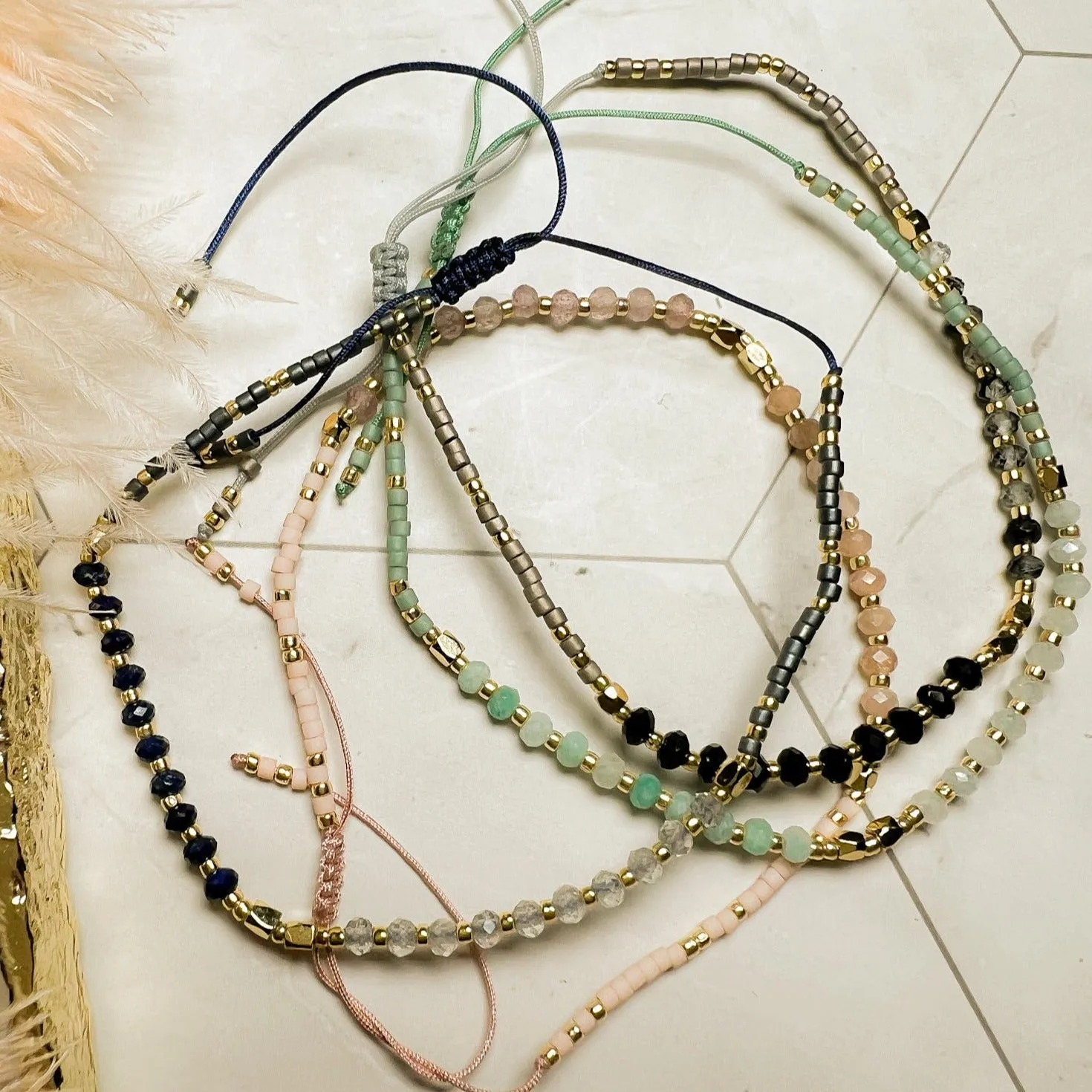 Lulu: Gemstone and Seed Bead Thread Bracelet - Adjustable