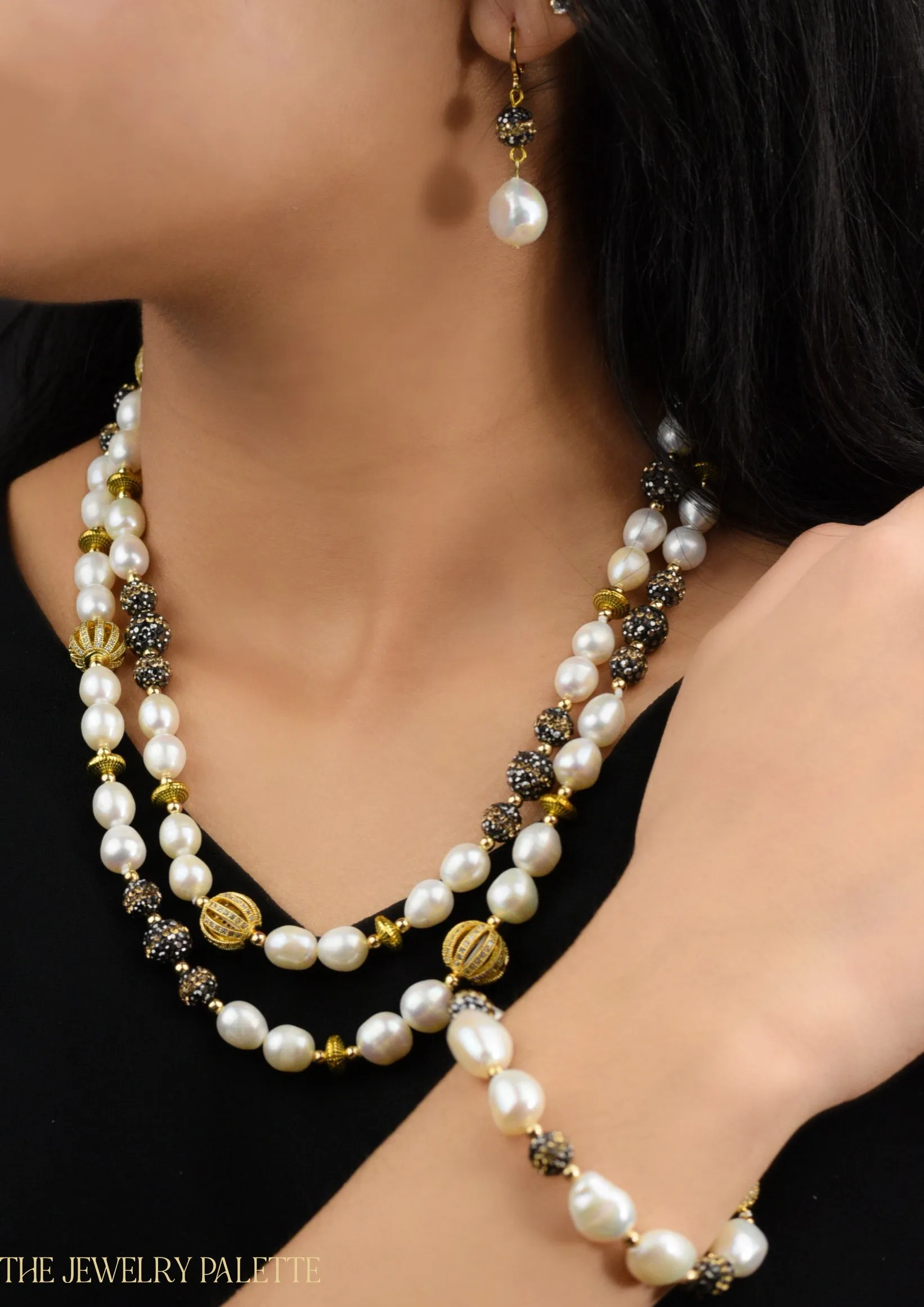 Lunara white freshwater pearl and glittering black stone bracelet