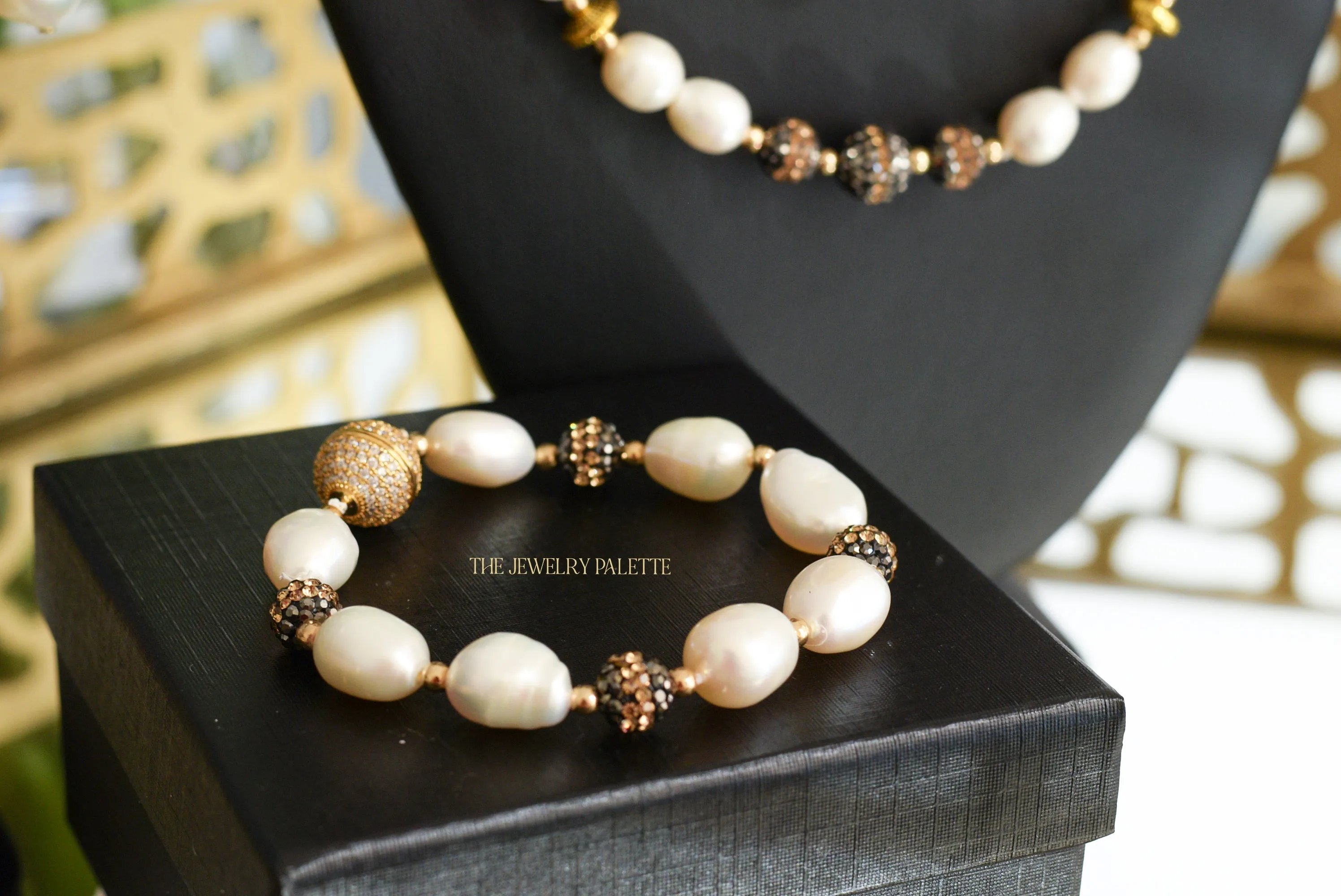 Lunara white freshwater pearl and glittering black stone bracelet