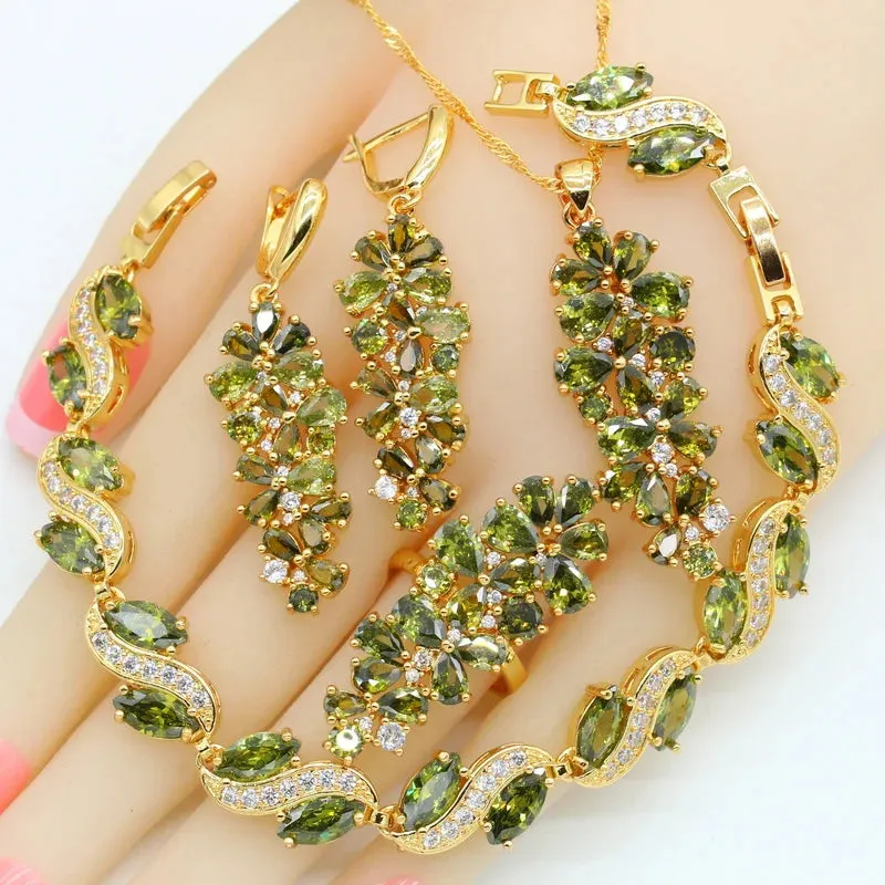Luxury Green Peridot Gold Plated Jewelry Sets for Women