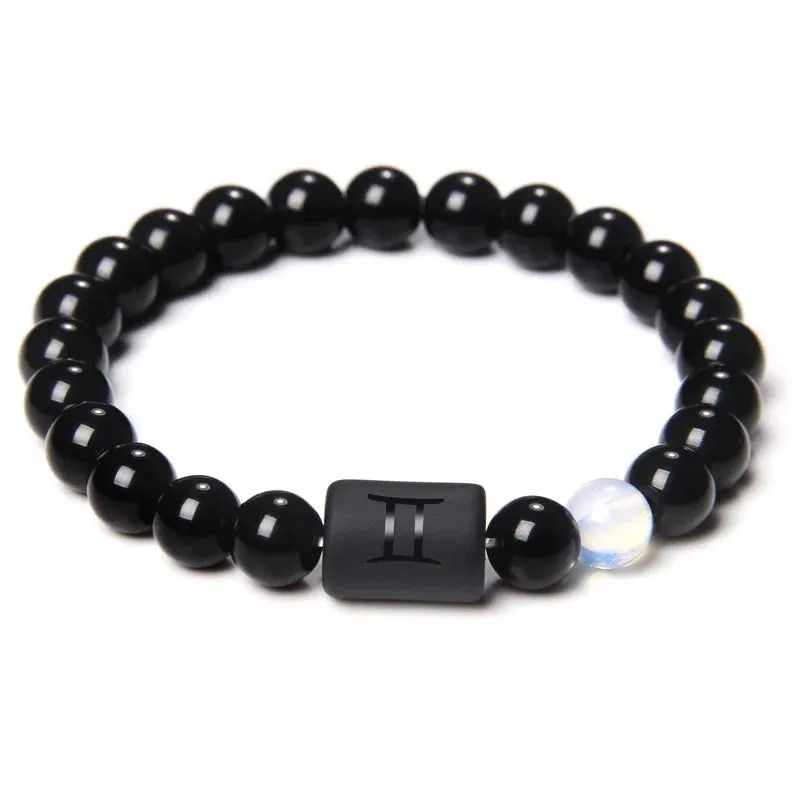 Mens Jewellery 12 Constellation Zodiac Signs Beads Couple Bracelet Natural Black Onyx Stone Elastic Charm Bracelet for Women Men